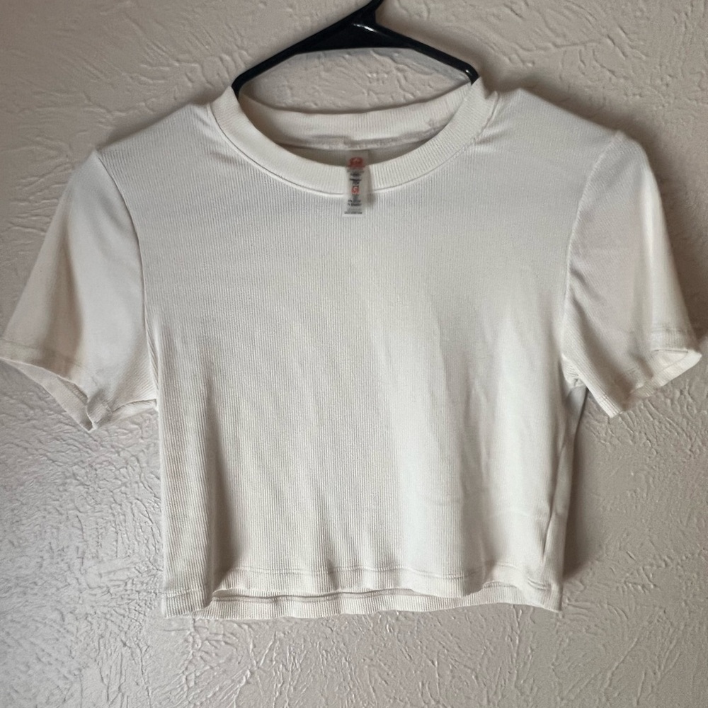 Mono B Cream Ribbed Short Sleeve Crop Top